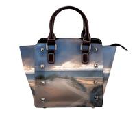 NBHDZENGW Beach Dunes Sac à bandoulière en cuir véritable satiné avec clous et imprimé sur toute la surface, sangle amovible réglable, sac fourre-tout élégant et spacieux pour femme