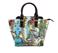 NBHDZENGW Birds In Birch Tree Sac à bandoulière en cuir véritable satiné avec clous et imprimé sur toute la surface, sangle amovible réglable, sac fourre-tout élégant et spacieux pour femme