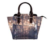 NBHDZENGW Bookshelf Books Sac à bandoulière en cuir véritable satiné avec clous et impression intégrale, sangle amovible réglable, sac fourre-tout élégant et spacieux pour femme