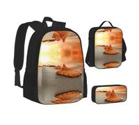 NBHDZENGW Ensemble de 3 pièces avec sac à dos imprimé coquillage et coucher de soleil en tissu Oxford 600D pour ordinateur portable avec sac à déjeuner isotherme et trousse à crayons, sac à dos