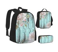 NBHDZENGW Ensemble de 3 pièces avec sac à dos imprimé floral en tissu Oxford 600D pour ordinateur portable avec sac à déjeuner isotherme et trousse à crayons - Sac à dos multifonction réglable - Bleu