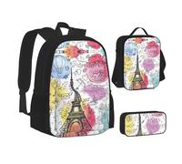 NBHDZENGW Ensemble de 3 pièces avec sac à dos imprimé Tour Eiffel en tissu Oxford 600D pour ordinateur portable avec sac à déjeuner isotherme et trousse à crayons - Sac à dos multifonction réglable