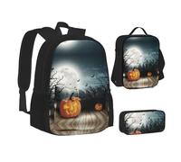 NBHDZENGW Ensemble de 3 sacs à dos imprimés Halloween en tissu Oxford 600D pour ordinateur portable avec sac à déjeuner isotherme et trousse à crayons - Sac à dos multifonction réglable