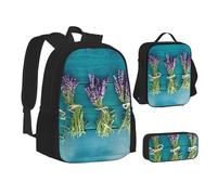 NBHDZENGW Ensemble de 3 sacs à dos imprimés violets en tissu Oxford 600D pour ordinateur portable avec sac à déjeuner isotherme et trousse à crayons - Sac à dos multifonction réglable