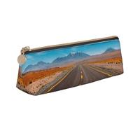 NBHDZENGW Freeway Highway Road in The Desert Trousse à crayons triangulaire en cuir avec fermeture éclair lisse, élégante et durable pour l'école, le bureau, les voyages - Porte-papeterie léger avec