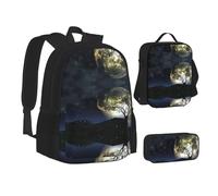 NBHDZENGW Galaxy Moon Lot de 3 sacs à dos imprimés en tissu Oxford 600D pour ordinateur portable avec sac à déjeuner isotherme et trousse à crayons, sac à dos multifonction réglable