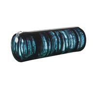 NBHDZENGW Ghost Hid Behind The Trees Trousse cylindrique de grande capacité en cuir imprimé en PVC avec fermeture éclair lisse et pochette ronde, Argenté., One Size, Trousse à crayons