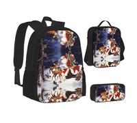 NBHDZENGW Lot de 3 sacs à dos imprimés cerf de Noël en tissu Oxford 600D pour ordinateur portable avec sac à déjeuner isotherme et trousse à crayons, sac à dos multifonction réglable pour l'école, les