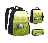 NBHDZENGW Lot de 3 sacs à dos imprimés herbe de golf en tissu Oxford 600D pour ordinateur portable avec sac à déjeuner isotherme et trousse à crayons - Sac à dos multifonction réglable