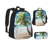 NBHDZENGW Lot de 3 sacs à dos imprimés palmiers de plage en tissu Oxford 600D pour ordinateur portable avec sac à déjeuner isotherme et trousse à crayons, sac d'école multifonction réglable