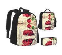 NBHDZENGW Lot de 3 sacs à dos imprimés roses rouges en tissu Oxford 600D pour ordinateur portable avec sac à déjeuner isotherme et trousse à crayons, sac à dos multifonction réglable pour l'école, les