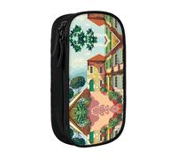 NBHDZENGW Mediterranean Summer Trousse à crayons double couche de grande capacité avec imprimé personnalisé en polyester durable pour l'école, le bureau, les voyages, les fournitures artistiques et le