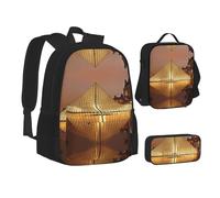 NBHDZENGW Musée du Louvre à Paris - Lot de 3 sacs à dos imprimés en tissu Oxford 600D pour ordinateur portable avec sac à déjeuner isotherme et trousse à crayons - Sac à dos multifonction réglable