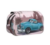 NBHDZENGW Paris Tower Trousse à crayons double couche en tissu polyester de qualité supérieure Motif imprimé de voiture ancienne