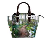NBHDZENGW Park Waterfall And Lake Sac à bandoulière en cuir véritable satiné avec clous et impression intégrale, sangle amovible réglable, sac fourre-tout élégant et spacieux pour femme