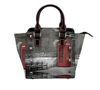 NBHDZENGW Phone Booth In London Streets Sac à bandoulière en cuir véritable satiné avec clous et imprimé sur toute la surface, sangle amovible réglable, sac fourre-tout élégant et spacieux pour femme