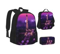 NBHDZENGW Pink Paris Lot de 3 sacs à dos imprimés, en tissu Oxford 600D pour ordinateur portable avec sac à déjeuner isotherme et trousse à crayons, sac d'école multifonction réglable