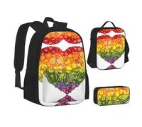 NBHDZENGW Rainbow Fruit Lot de 3 sacs à dos imprimés en tissu Oxford 600D pour ordinateur portable avec sac à déjeuner isotherme et trousse à crayons, sac d'école multifonction réglable