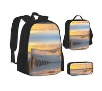 NBHDZENGW Sand Dunes Lot de 3 sacs à dos imprimés, en tissu Oxford 600D pour ordinateur portable avec sac à déjeuner isotherme et trousse à crayons, sac d'école multifonction réglable