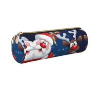 NBHDZENGW Trousse à crayons cylindrique de grande capacité en cuir imprimé avec fermeture éclair lisse, motif Père Noël et cerf, doré, One Size, Trousse à crayons
