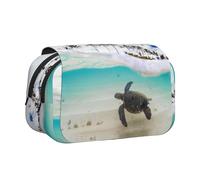 NBHDZENGW Trousse à crayons double couche à rabat avec motif palmiers et tortues de mer - Grande capacité - Tissu polyester de qualité supérieure - Motif imprimé complet - Idéal pour l'école, les