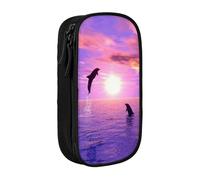 NBHDZENGW Trousse à crayons double couche de grande capacité, motif dauphins coucher de soleil, organiseur durable en polyester pour l'école, le bureau, les voyages, fournitures artistiques