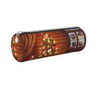 NBHDZENGW Trousse cylindrique de grande capacité en cuir imprimé avec fermeture éclair lisse Motif Père Noël, Argenté., One Size, Trousse à crayons