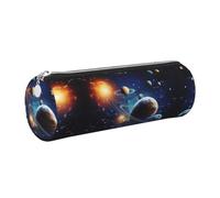 NBHDZENGW Trousse cylindrique de grande capacité en cuir imprimé avec fermeture éclair lisse, pochette ronde Motif planètes, étoiles et galaxie, Argenté., Taille unique, Trousse à crayons