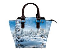 NBHDZENGW Winter Trees Sac à bandoulière en cuir véritable satiné avec clous et imprimé sur toute la surface, sangle amovible réglable, sac fourre-tout élégant et spacieux pour femme
