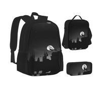NBHDZENGW Wolf Night Moon Lot de 3 sacs à dos imprimés en tissu Oxford 600D pour ordinateur portable avec sac à déjeuner isotherme et trousse à crayons, sac à dos multifonction réglable pour l'école