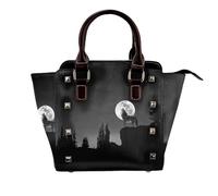 NBHDZENGW Wolf Night Moon Sac à bandoulière en cuir véritable satiné avec clous et imprimé sur toute la surface, sangle amovible réglable, sac fourre-tout élégant et spacieux pour femme