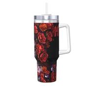 NBMghn Day of The Dead Sugar Roses Skull Print Ice Bully 1200 ml avec paille à poignée - Gobelet isotherme en acier inoxydable pour salle de sport, café, bureau, voiture