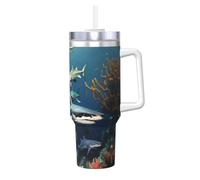 NBMghn Sharks-Under The Sea Bully de glace avec paille à poignée - Gobelet isotherme en acier inoxydable pour salle de sport, café, bureau, voiture - Motif requins