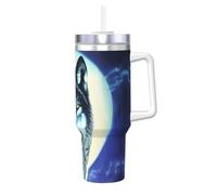 NBMghn Wolf Under Moon - Gobelet isotherme en acier inoxydable avec paille et poignée - Pour salle de sport, café, bureau, voiture