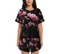 NBRIEU Ensemble pyjama à manches courtes avec motif fleurs de cerisier japonais, t-shirt à col rond et short avec cordon de serrage et poches, noir, taille S, noir, 36, Noir , S