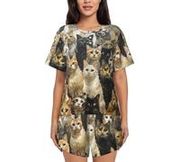 NBRIEU Ensemble pyjama à manches courtes, motif chat, t-shirt à col rond, short avec cordon de serrage et poches, Noir , 40