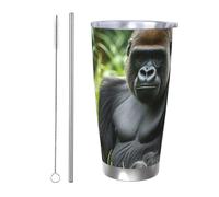 NBSKSDLK Gorilla in the Grass Gobelet isotherme de 591 ml en acier inoxydable avec couvercle et paille, tasse de voyage à double paroi pour chaud/froid, tasse thermique anti-déversement pour la maison
