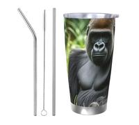 NBSKSDLK Gorilla in the Grass Gobelet isotherme de 591 ml en acier inoxydable avec couvercle et paille, tasse de voyage à double paroi pour chaud/froid, tasse thermique anti-déversement pour la maison