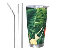 NBSKSDLK hojas tropicales y flores Gobelet isotherme en acier inoxydable de 591 ml avec couvercle et paille - Tasse de voyage à double paroi pour chaud/froid - Tasse thermique anti-déversement pour la