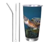 NBSKSDLK Sea Turtle Gobelet isotherme de 591 ml en acier inoxydable avec couvercle et paille, tasse de voyage à double paroi pour chaud/froid, tasse thermique anti-déversement pour la maison, le