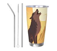 NBSKSDLK Wolf Gobelet isotherme de 591 ml en acier inoxydable avec couvercle et paille, tasse de voyage à double paroi pour chaud/froid, anti-déversement, pour la maison, le bureau, la voiture