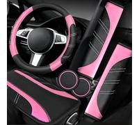 NBTEPEM Ensemble d'accessoires de voiture rose 6 pièces - Housse de volant en cuir de sport universelle de 36,8 à 38,1 cm - Housse de console centrale de voiture en cuir microfibre - Coussin de