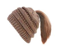 NC 1Pcs Femmes Chapeau Tricot crâne Bonnet Enfant en Bas âge Fille Casquette Hiver Chaud à la Mode Tricot Ski crâne Casquette avec Queue de Cheval Trou Haut désordonné Chignon Bonnet