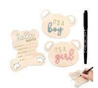 NCEJNY Lot de 3 Plaques de Naissance Bébé en Bois avec Stylo - Annonce Bébé Forme Ours Mignon - Bonjour le Monde Bienvenue Bébé pour Révélation de Genre et Accessoire Photo Nouveau-Né