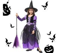 NCKIHRKK Déguisement d'Halloween Sorciere Enfant pour Fille, Kit Sorciere Robe avec Chapeau de Sorcière, Balai, Ceinture, Costume Sorcière Enfant pour Halloween Carnaval, pour Fille 7 à 8 Ans