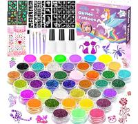 NCKIHRKK Kit Tatouage Paillettes Enfant Filles,42 Couleurs de Paillettes Tatouage Ephemere,145 Pochoirs, 218 Strass,Non Toxique Kit Maquillage Enfant Fille 3+ Ans,Carnaval Anniversaire Party Cadeau