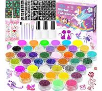 NCKIHRKK Kit Tatouage Paillettes Enfant Filles,42 Couleurs de Paillettes Tatouage Ephemere,145 Pochoirs, 218 Strass,Non Toxique Kit Maquillage Enfant Fille 3+ Ans,Carnaval Anniversaire Party Cadeau
