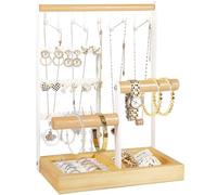 NCKIHRKK Présentoir, Métal et Bois Porte Bijoux avec Plateau et Crochets, Rangement Cadeau Femme pour Range Bracelet Boucle d'Oreille Collier Bagues Montres, Blanc