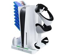 NCONCO PS5 & PS VR2 Support et station de refroidissement avec manette de charge, support 3 en 1, avec 2 ventilateurs de refroidissement pour PS5 et VR2, support pour casque, kit d'accessoires PS5