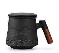 NCQIXIAO Tasse à thé avec infuseur et couvercle, tasse à thé graduelle avec infuseur, poignée en bois, tasse à café en céramique avec couvercle, 430 ml (noir)